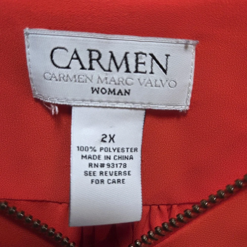 Carmen Marc Valvo Blouse Womens 2X Red Round Neck Long Sleeve Zip Top Woven - Picture 3 of 5